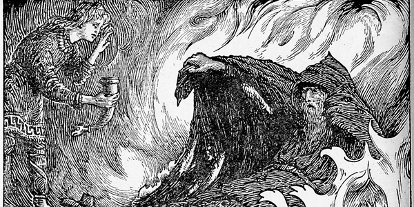 Odin in Torment by W. G .Collingwood (1908). The illustration depicts the prince Agnar handing a horn of drink to a flame-beset Grimnir.